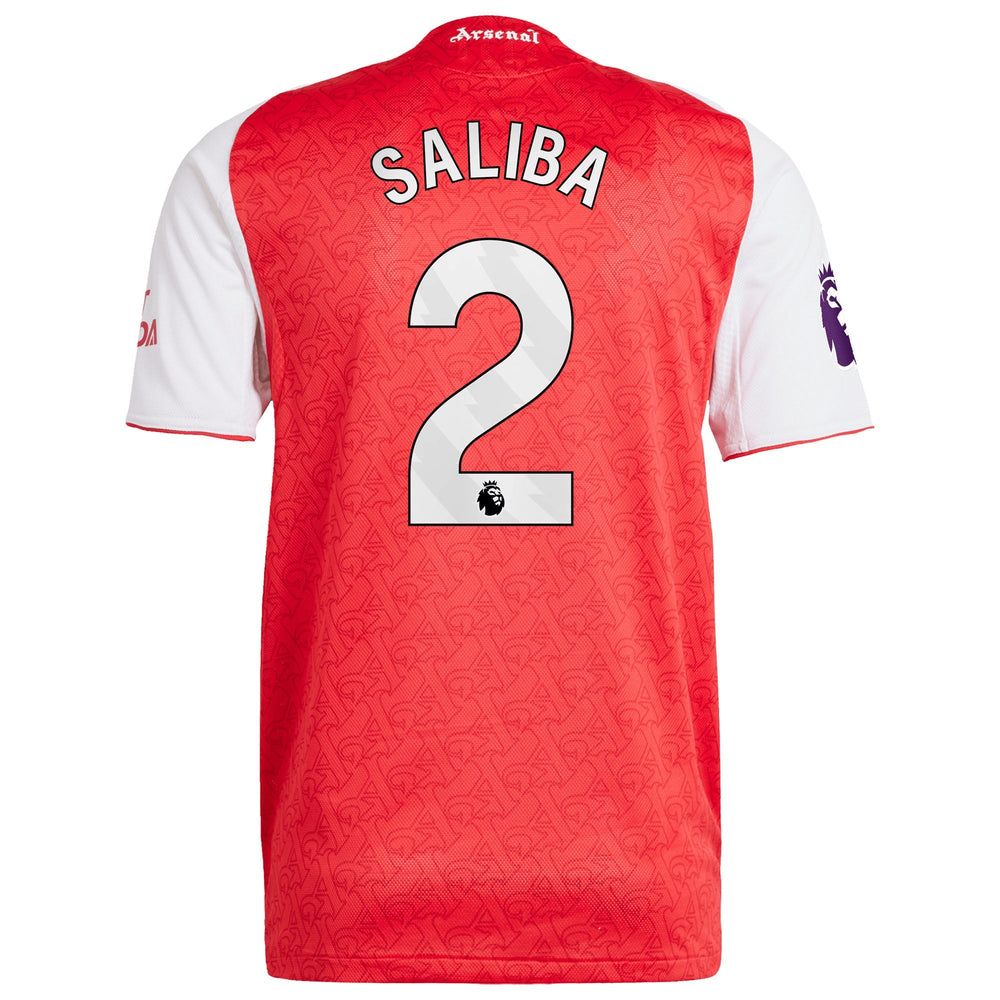Back view of William Saliba Arsenal jersey 2025 in red and white by adidas with number 2 and Premier League logo