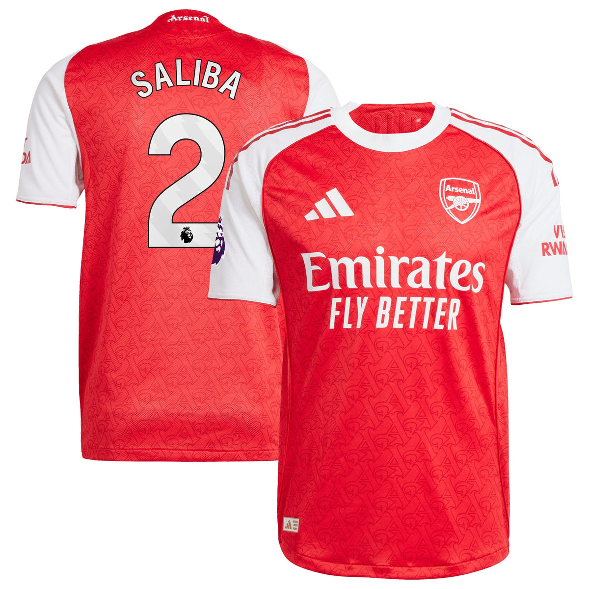 William Saliba Arsenal jersey 2025 by adidas in red and white with sponsor Emirates Fly Better