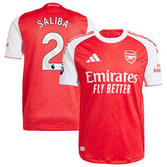 William Saliba Arsenal jersey 2025 by adidas in red and white with sponsor Emirates Fly Better