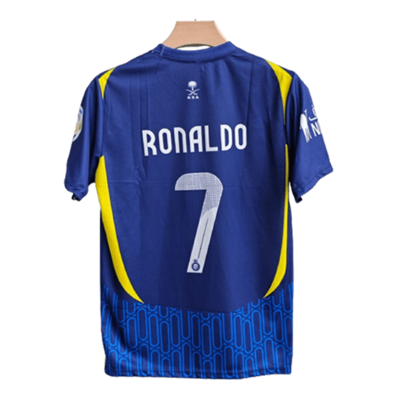 adidas Al Nassr Ronaldo Away Jersey 2025 in blue with yellow accents and number 7 on the back