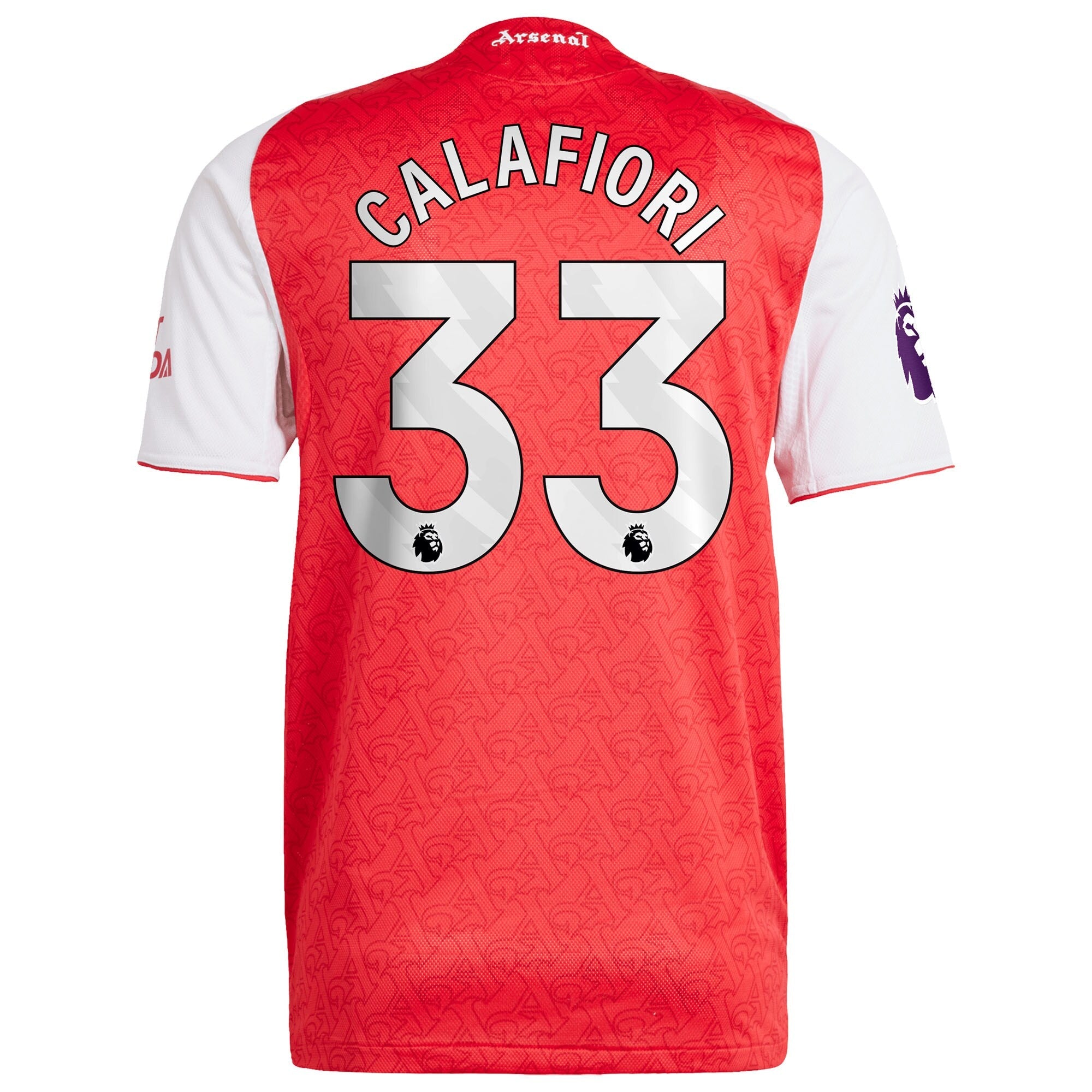 Back view of Riccardo Calafiori Arsenal Adidas jersey 2026 with number 33 in red and white