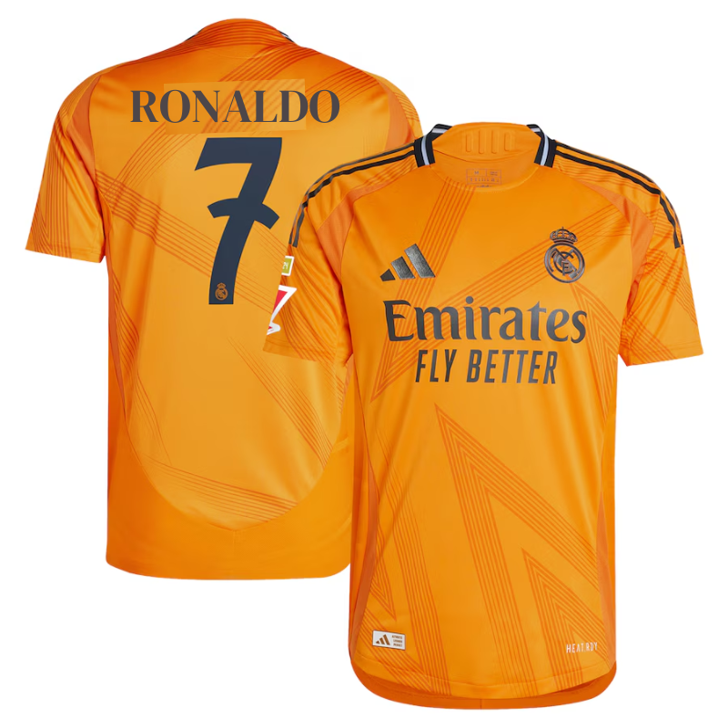 Cristiano Ronaldo 2025 Real Madrid jersey in orange by adidas with number 7 and Emirates Fly Better logo