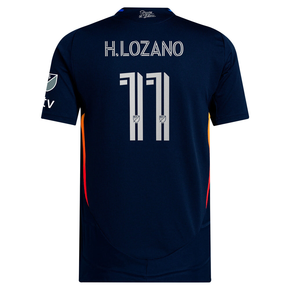 Adidas Hirving Lozano San Diego FC jersey in navy blue with number 11 and MLS logo on back
