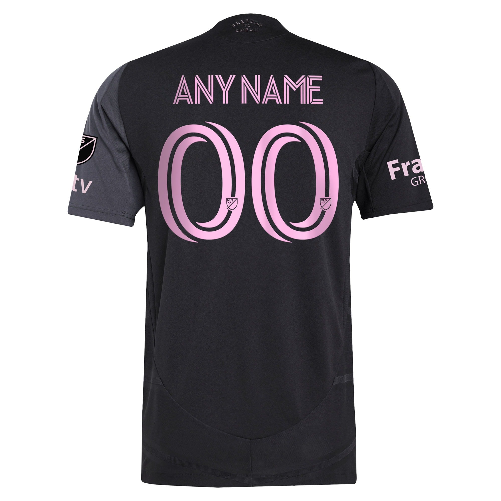 Adidas Inter Miami CF black jersey 2025 with customizable name and number in pink on the back