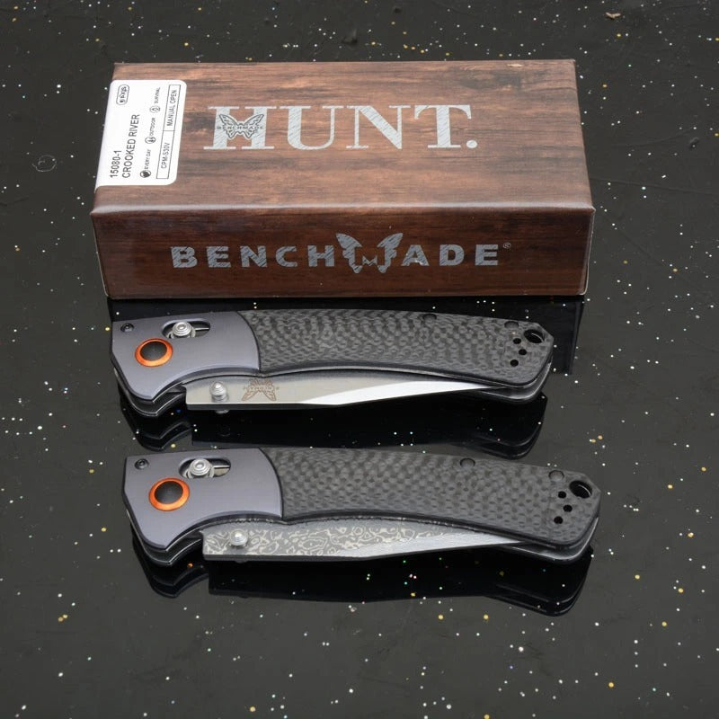 knivescollection™ bm15080-1 hunt crooked river folding utility knife – s30v/damascus blade, carbon fiber handle