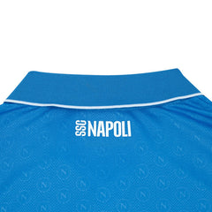 EA7 Napoli match shirt blue 2025 collar detail with SSC Napoli logo and subtle pattern
