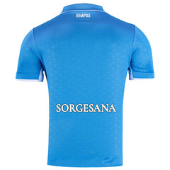 EA7 Napoli match shirt blue 2025 with Sorgesana sponsor logo on back and white collar detailing