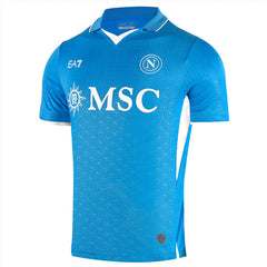 EA7 Napoli match shirt blue 2025 with white collar details and MSC sponsor logo
