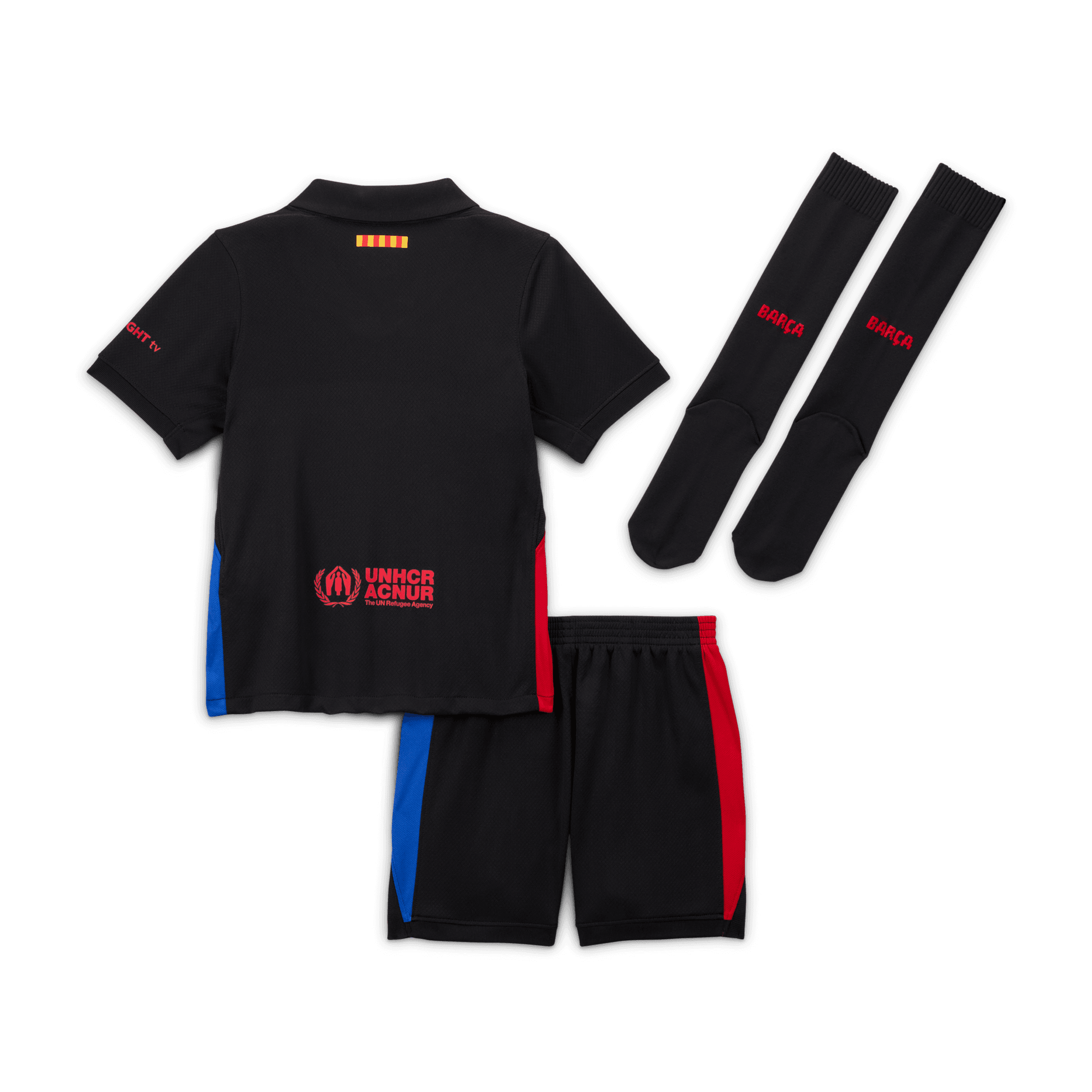 Puma Barcelona away kit 2024-25 kid featuring black polo shirt, shorts with blue and red accents, and matching black socks