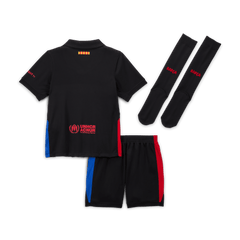 Puma Barcelona away kit 2024-25 kid featuring black polo shirt, shorts with blue and red accents, and matching black socks