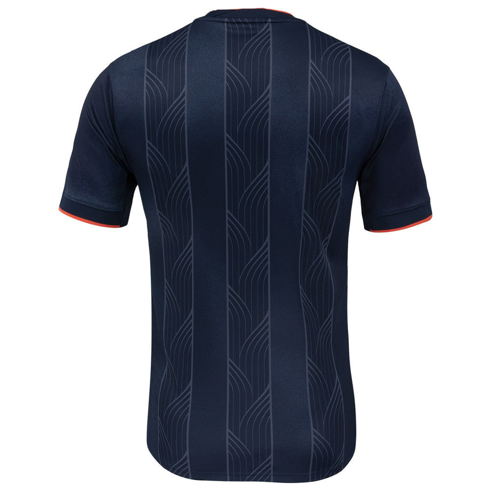 Back view of Bay FC Nike 2025 jersey in dark blue with subtle vertical pattern and red sleeve trim