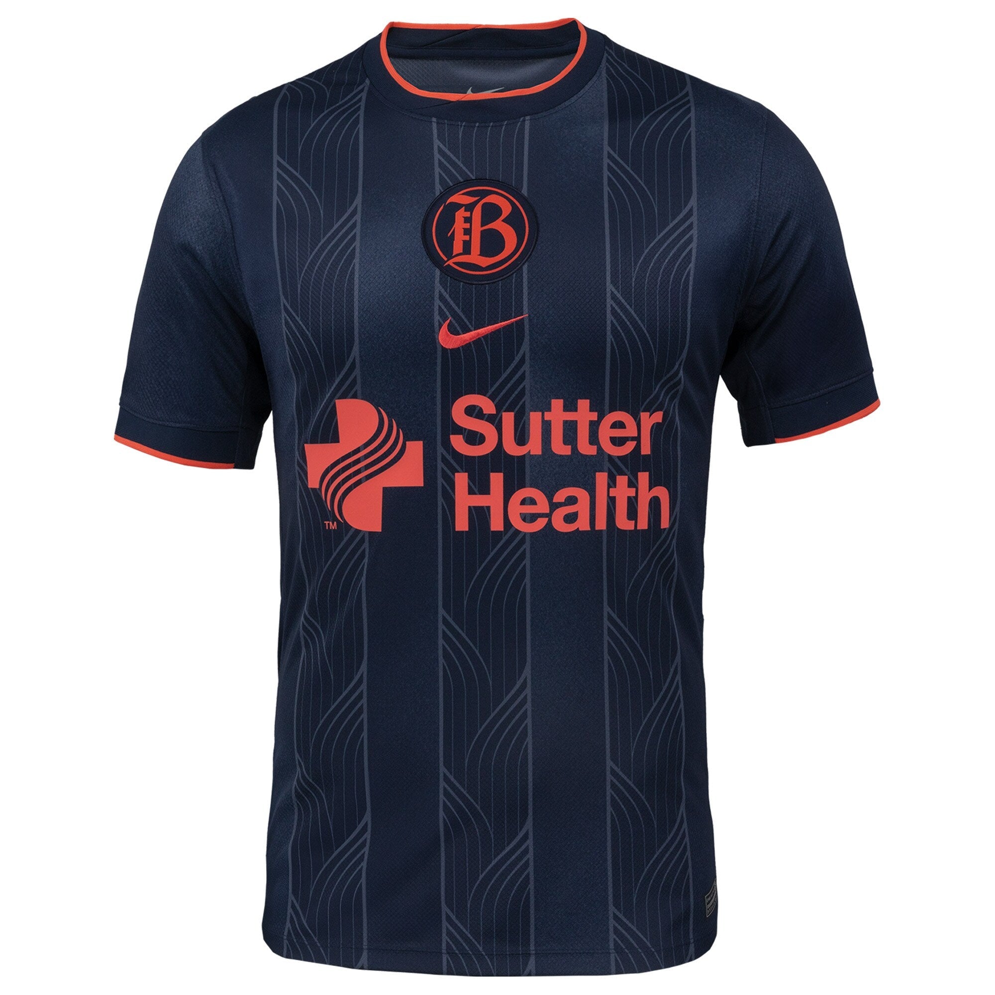 Bay FC Nike 2025 jersey in navy blue with red accents and Sutter Health sponsor logo