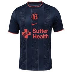 Bay FC Nike 2025 jersey in navy blue with red accents and Sutter Health sponsor logo