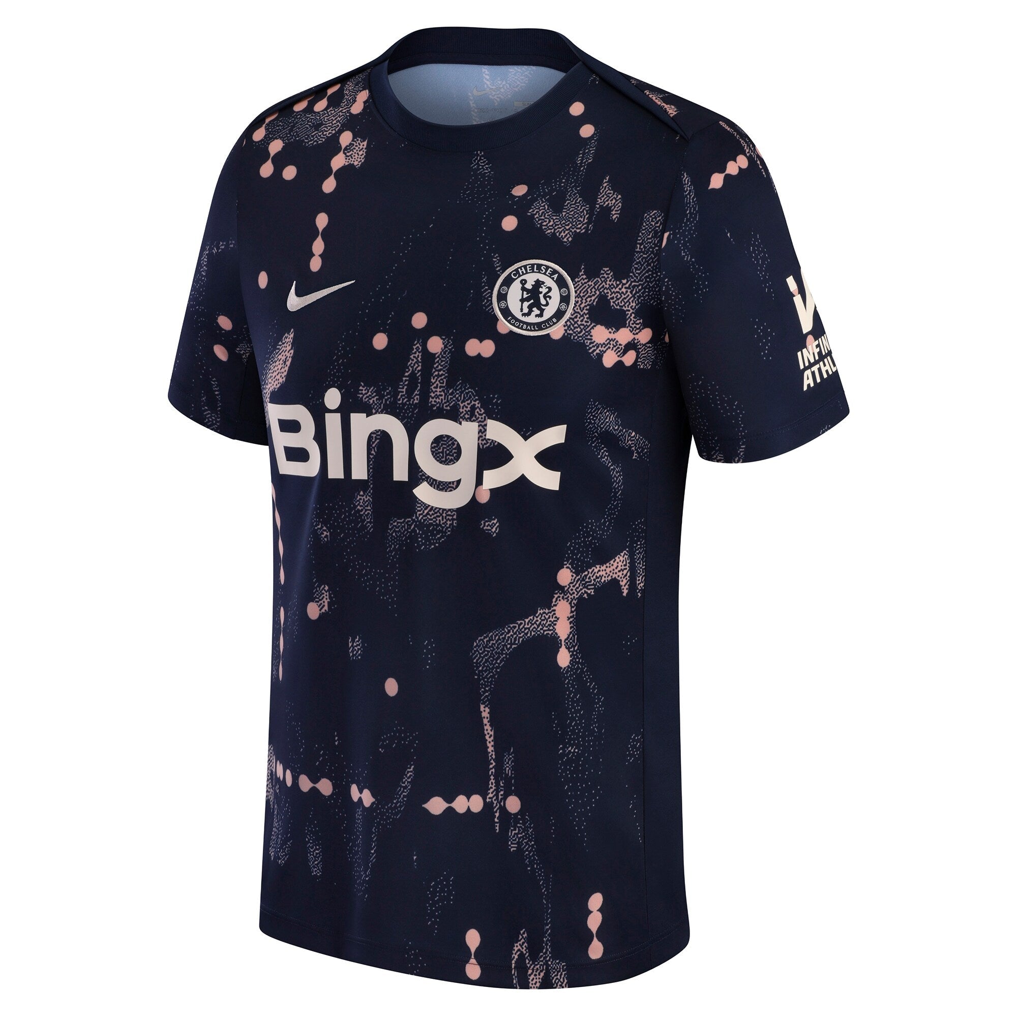 Nike Chelsea 2024 pre-match top in navy with pink abstract pattern and Bingx sponsor logo