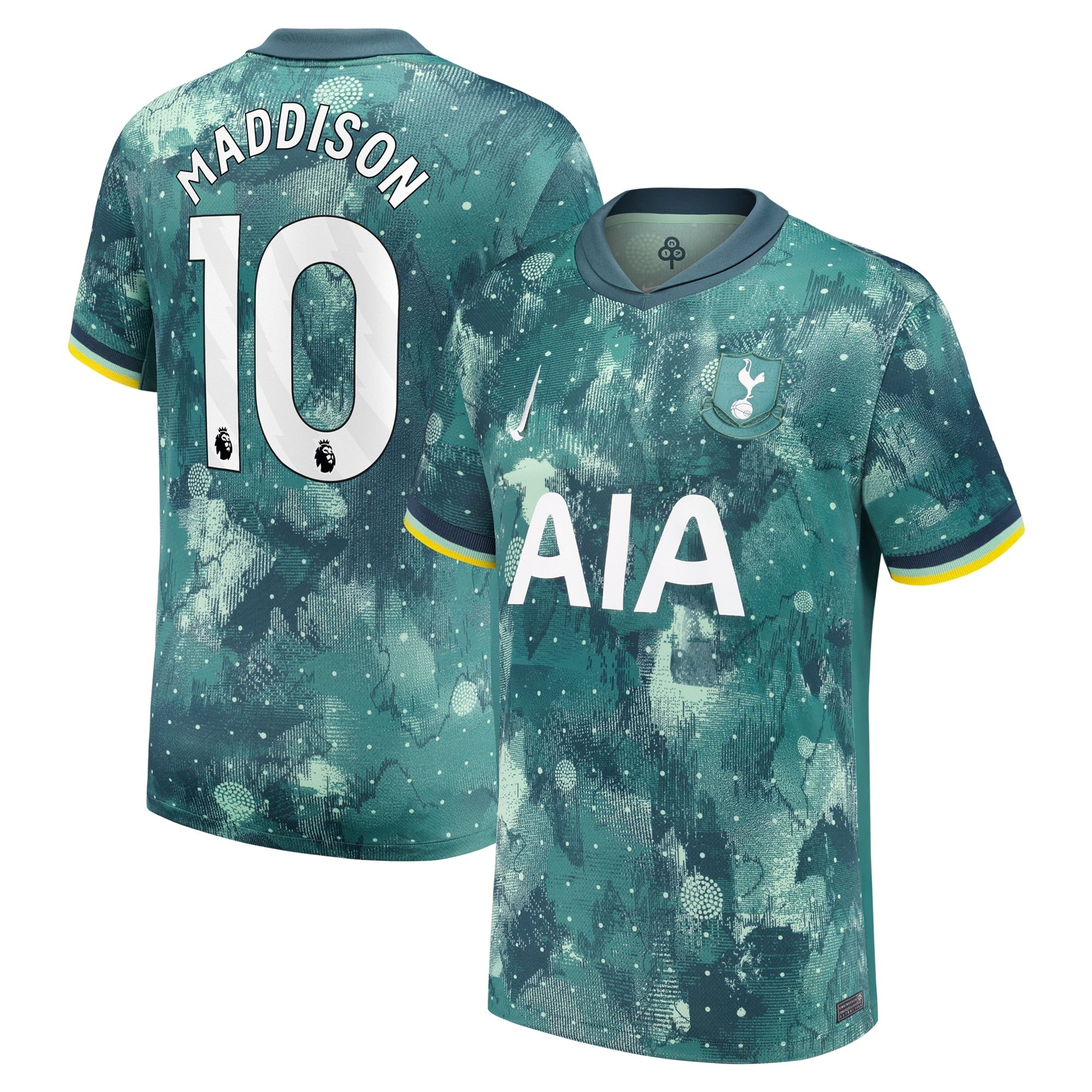 Nike James Maddison Tottenham jersey 2025 green and blue with number 10 and AIA sponsor logo