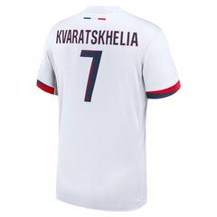 Nike Khvicha Kvaratskhelia PSG 2024 jersey in white with number 7 and red blue trim