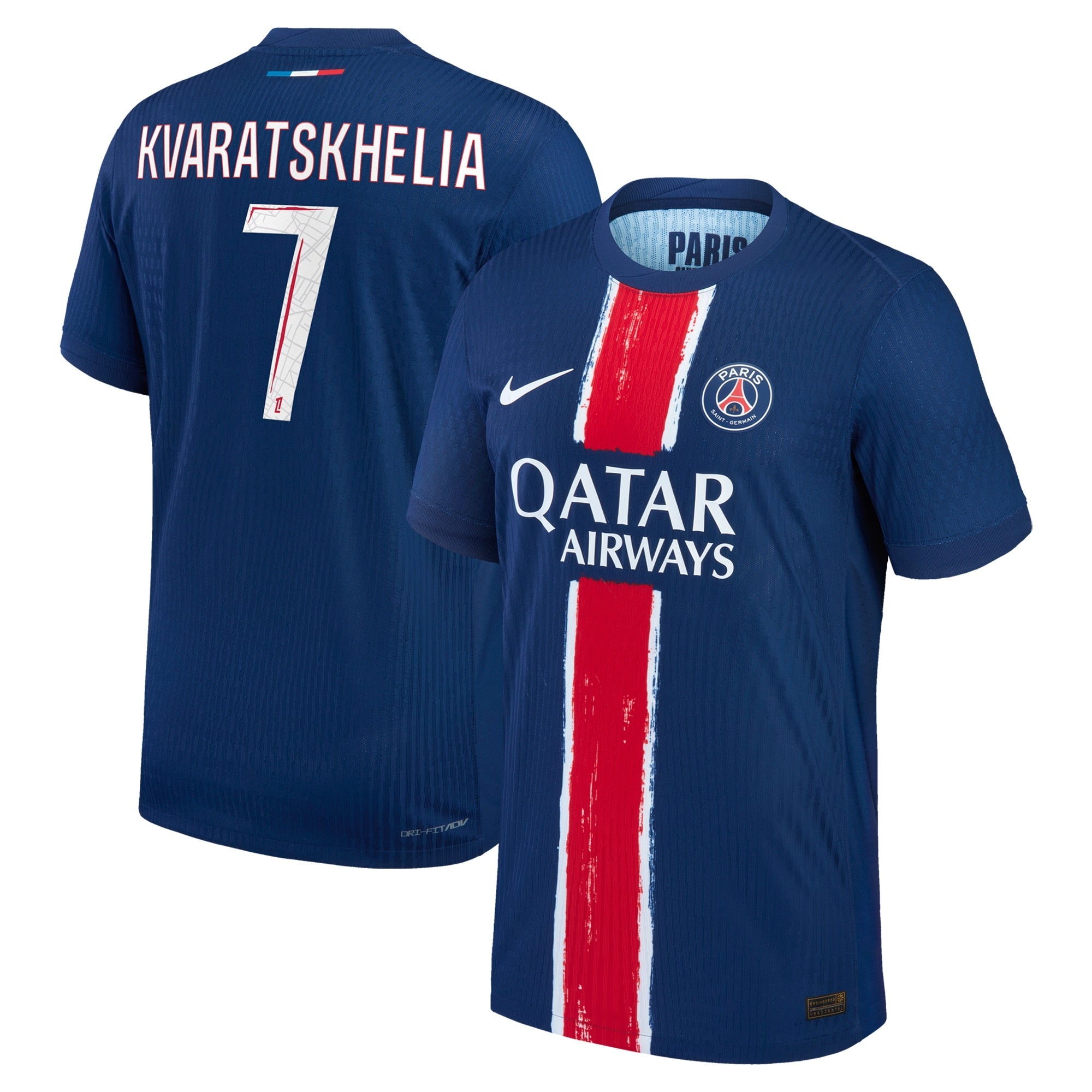 Nike Khvicha Kvaratskhelia PSG jersey 2024 in blue with red and white vertical stripe and number 7