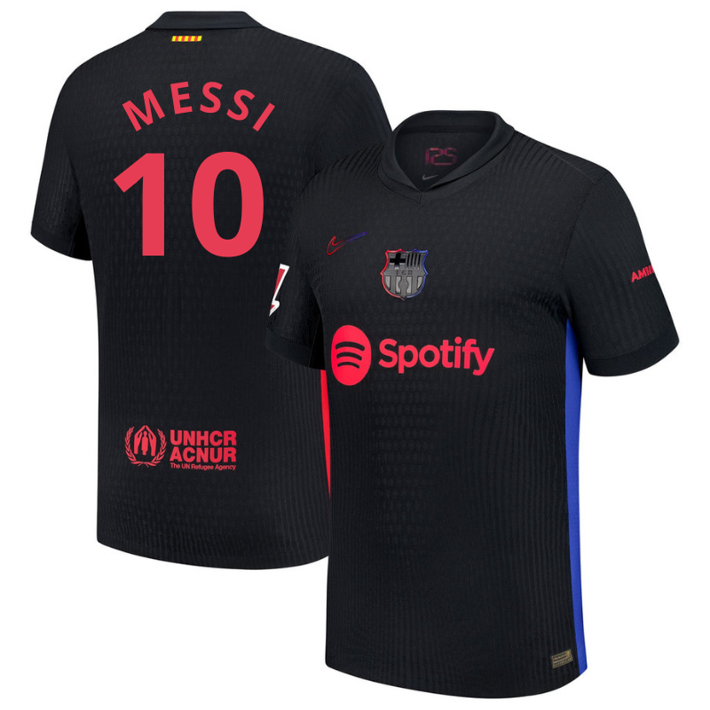 Nike Messi Barcelona 2025 Away Jersey black with red number 10 and Spotify sponsor logo
