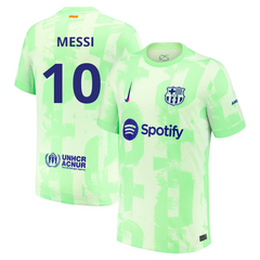 Nike Messi Barcelona 2025 jersey in light green with blue number 10 and sponsor logos front and back
