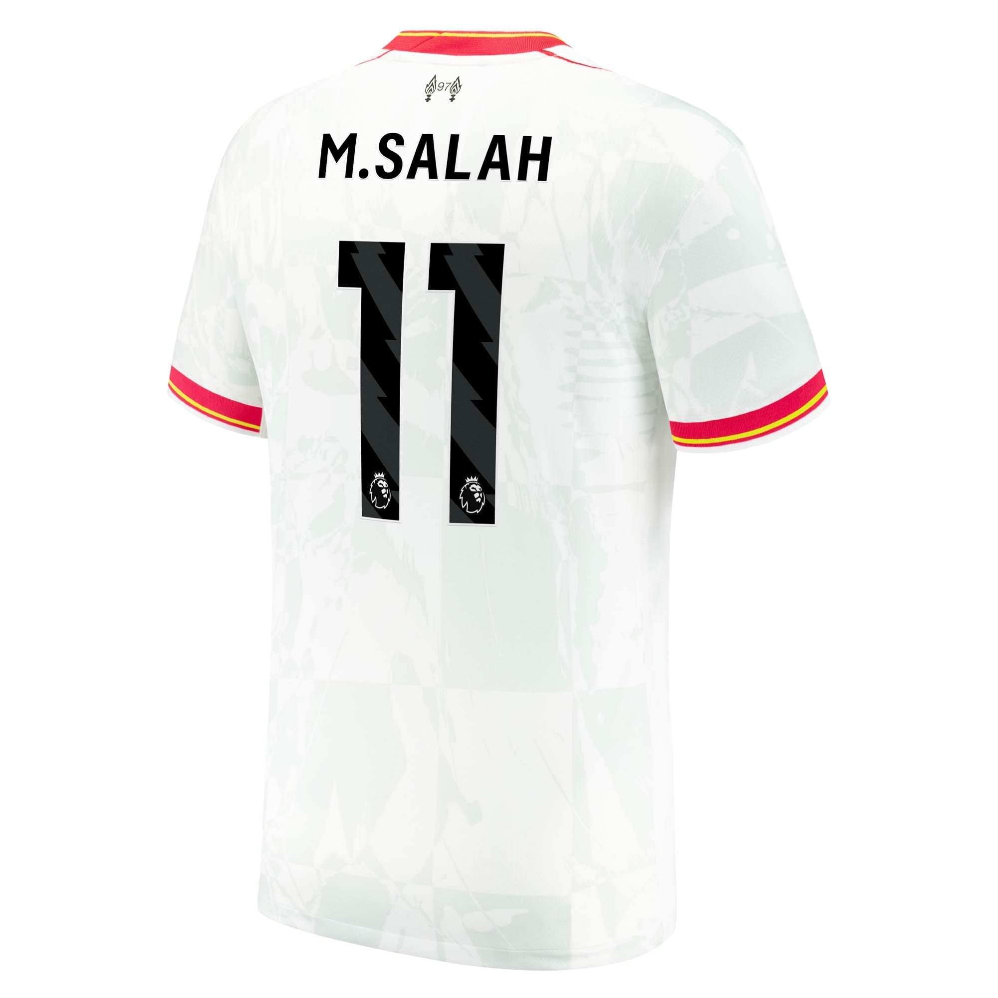 Nike Mohamed Salah Liverpool 2025 jersey white with black number 11 and red trim on sleeves
