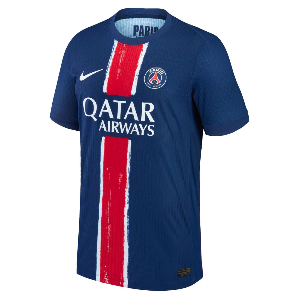 Nike Paris Saint-Germain 2025 jersey in navy blue with red and white vertical stripe and Qatar Airways logo
