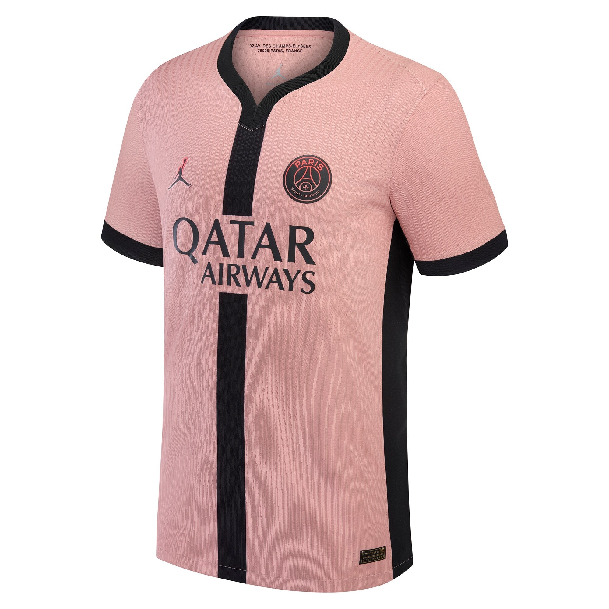 PSG Jordan Match Jersey 2025 in pink with black vertical stripe and Qatar Airways logo