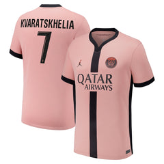 Nike Khvicha Kvaratskhelia PSG 2024 Jersey in pink with black accents and Qatar Airways logo