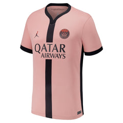 Nike Khvicha Kvaratskhelia PSG 2024 Jersey in pink with black accents and Qatar Airways sponsor logo