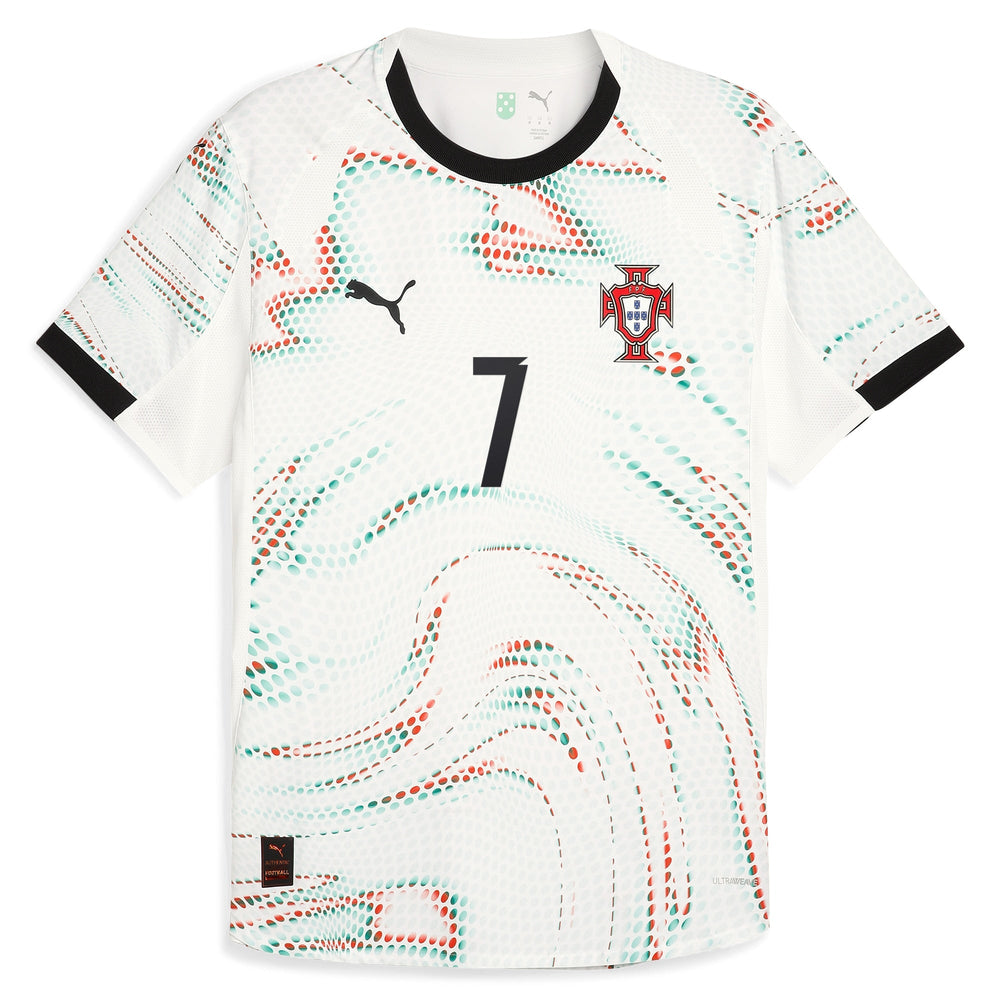 Puma Cristiano Ronaldo Portugal away jersey 2025 with white base and colorful wave pattern