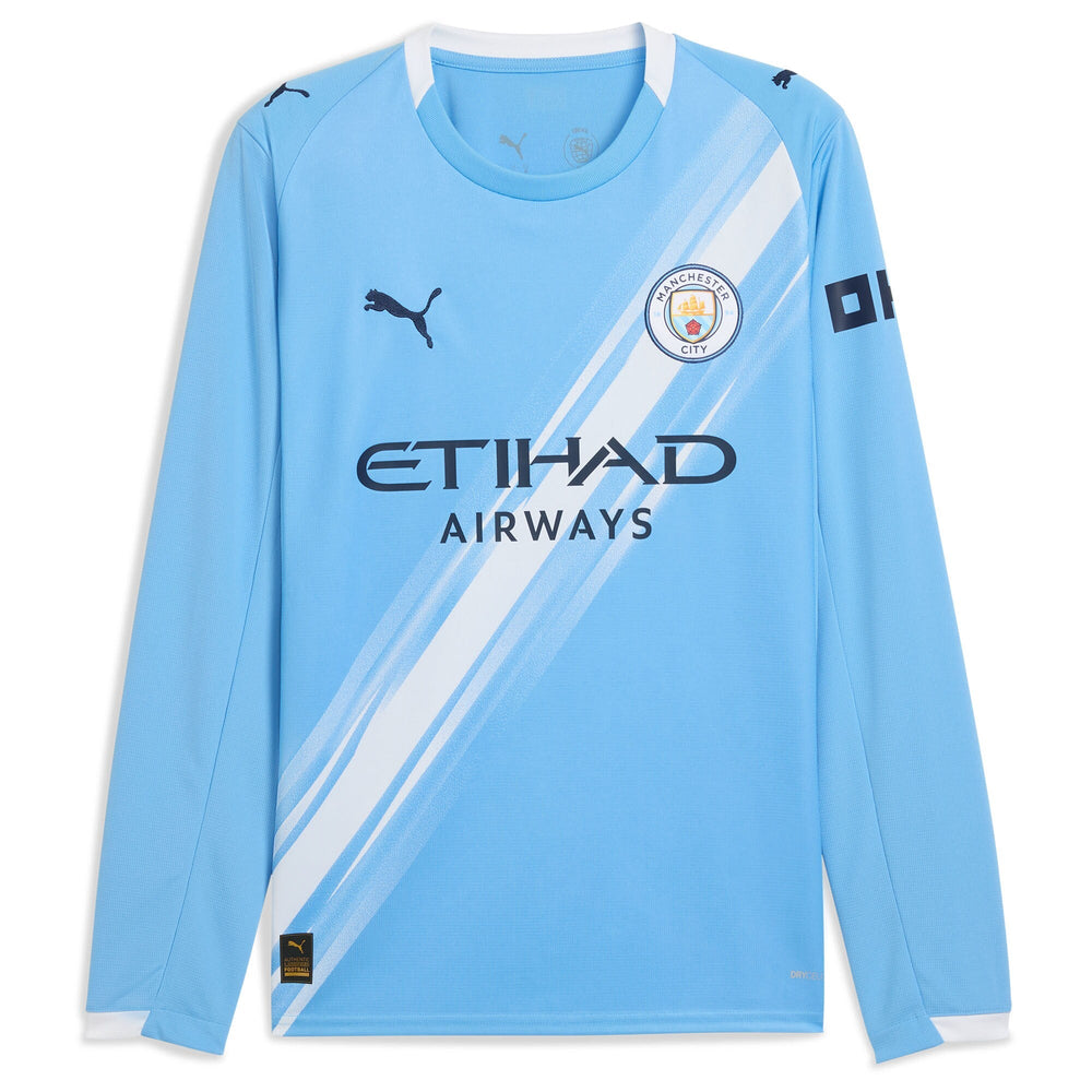 Manchester City 2025 home Puma jersey long sleeve in light blue with white diagonal stripe and sponsor logo