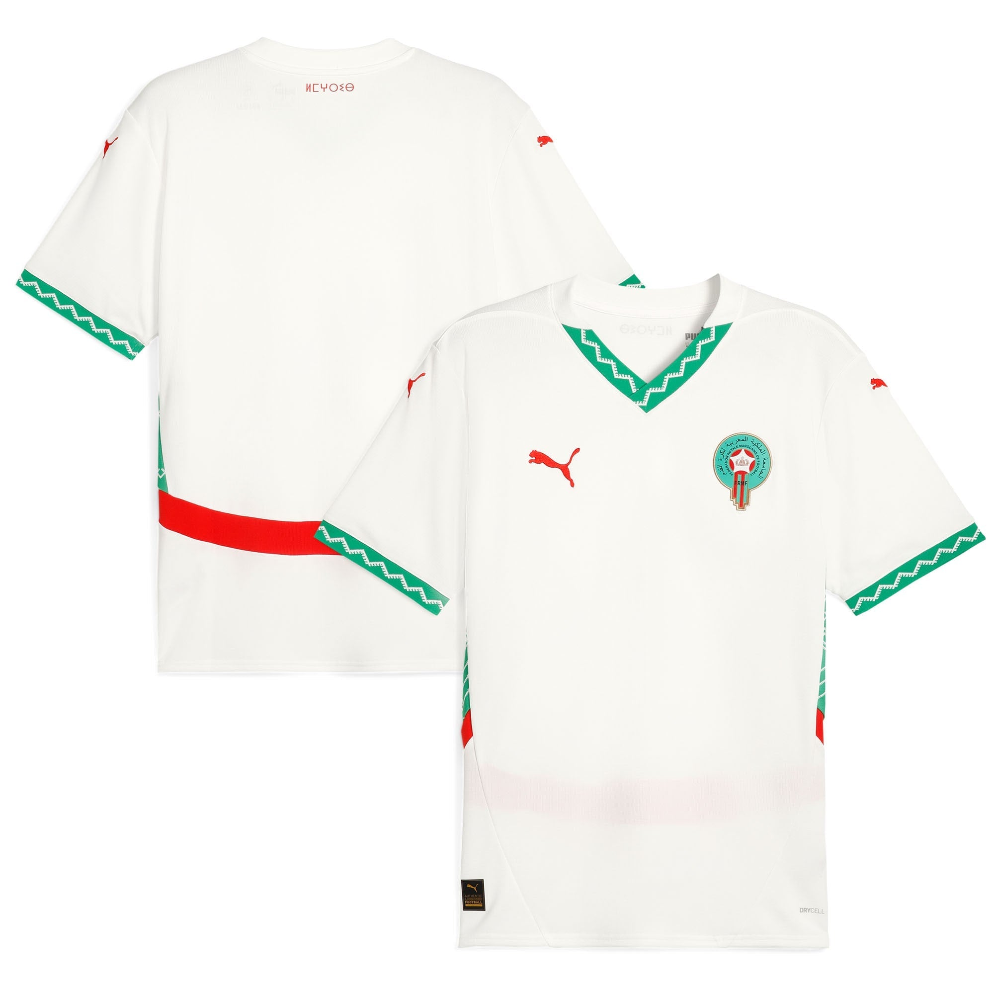 Puma Morocco 2025 away jersey in white with green and red accents and team crest on front