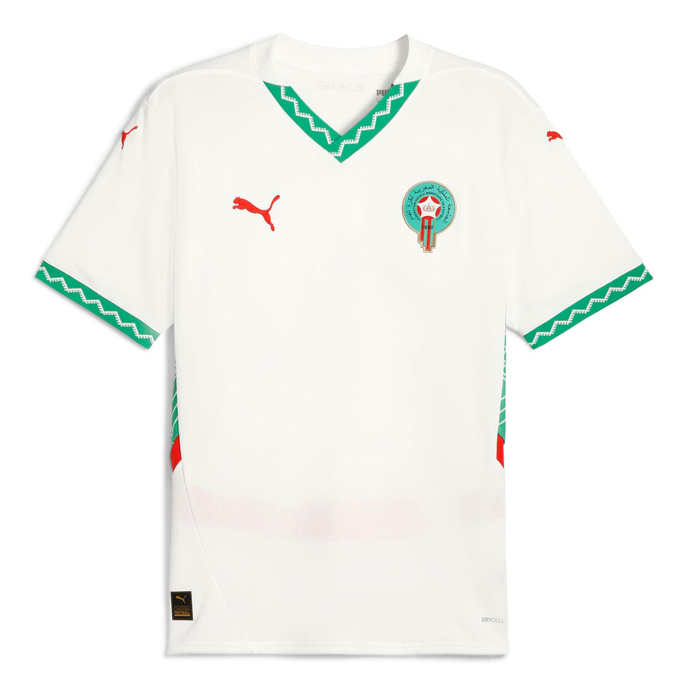 Puma Morocco 2025 away jersey in white with green and red accents and team crest on chest