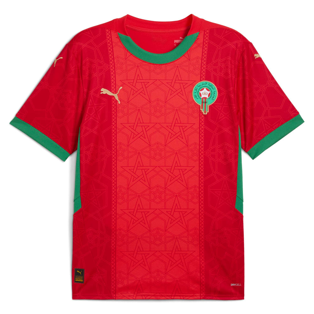 Morocco Puma home jersey 2025 in red with green collar and sleeve trim featuring team crest and Puma logo