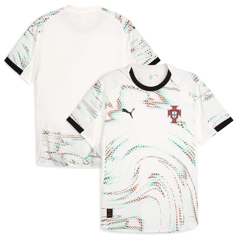 Puma Portugal 2025 Away Jersey with white base and abstract red and green wave patterns