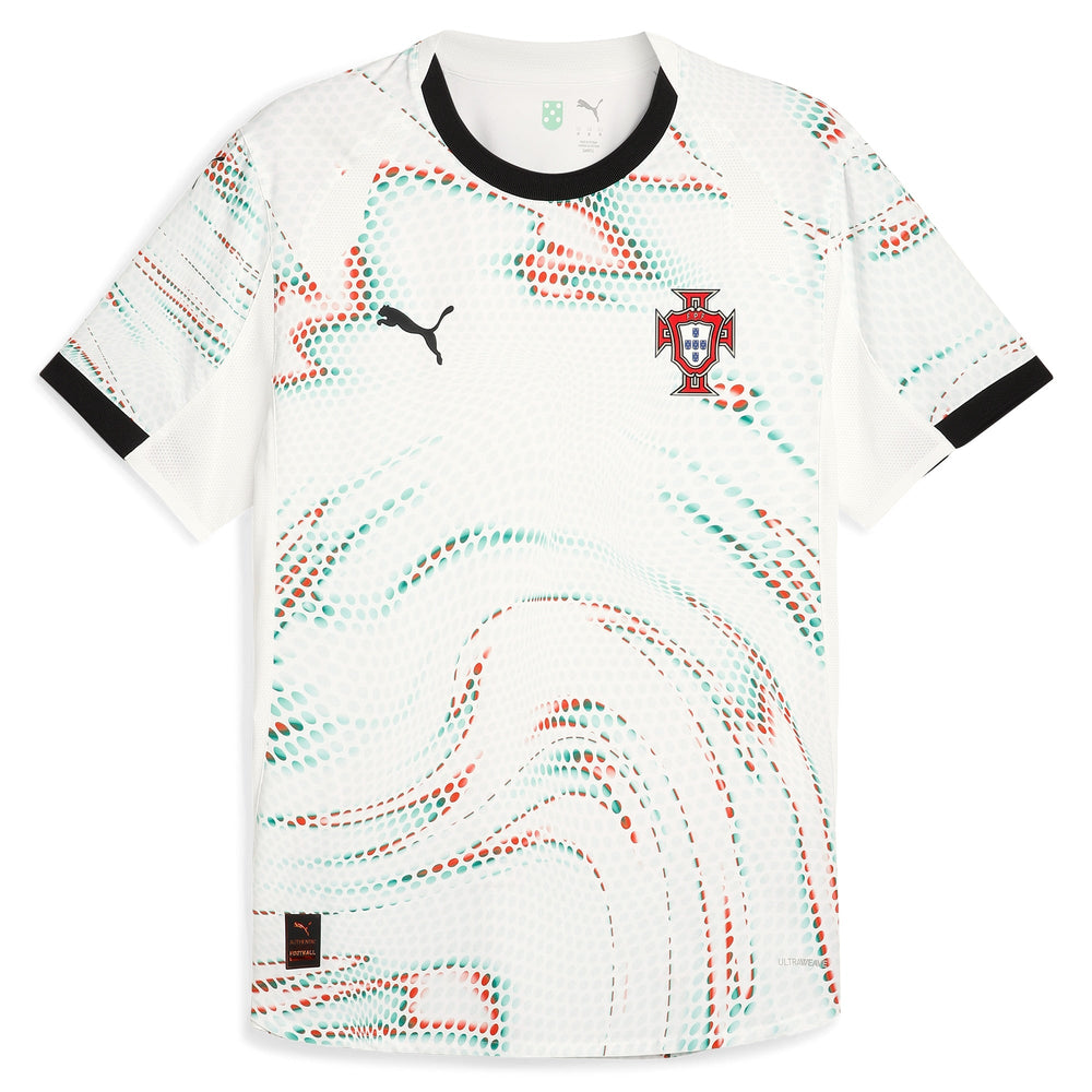 Puma Portugal 2025 Away Jersey in white with abstract pattern and black trim