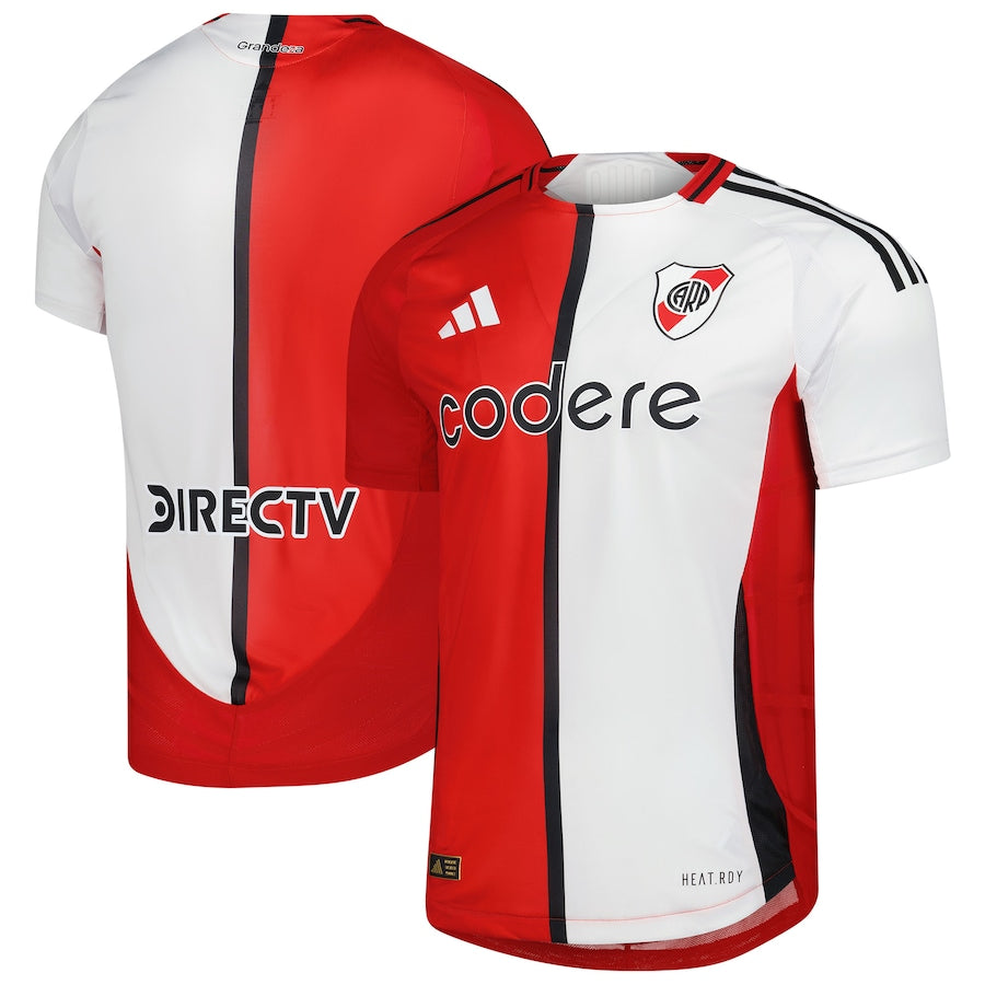 Adidas River Plate 2024 third jersey with red and white half design and black vertical stripe