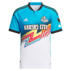 Adidas Sporting Kansas City custom jersey in blue and white with bold graphic design and team logos