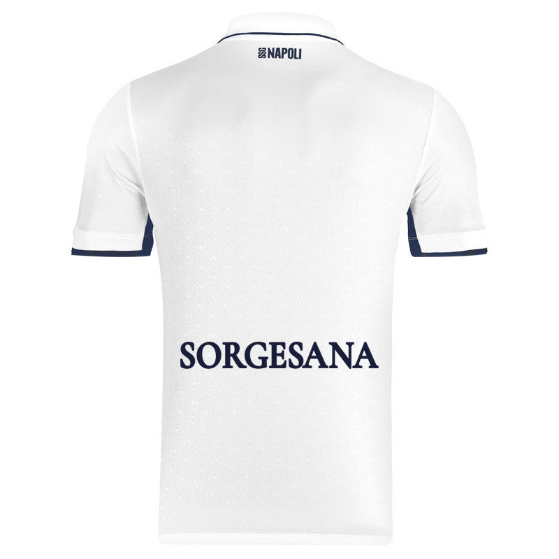 Back view of EA7 SSC Napoli 2024/2025 away jersey in white with navy accents and SORGESANA sponsor