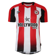 Umbro Brentford FC jersey 2025 with red and white vertical stripes and black sleeve accents